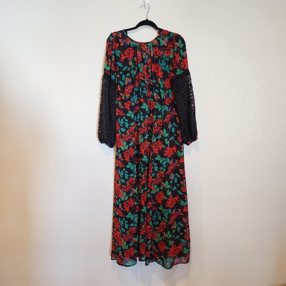Torrid Red Black Floral Lace Sleeve Print Design Peasant Boho Maxi Dress - Picture 4 of 7